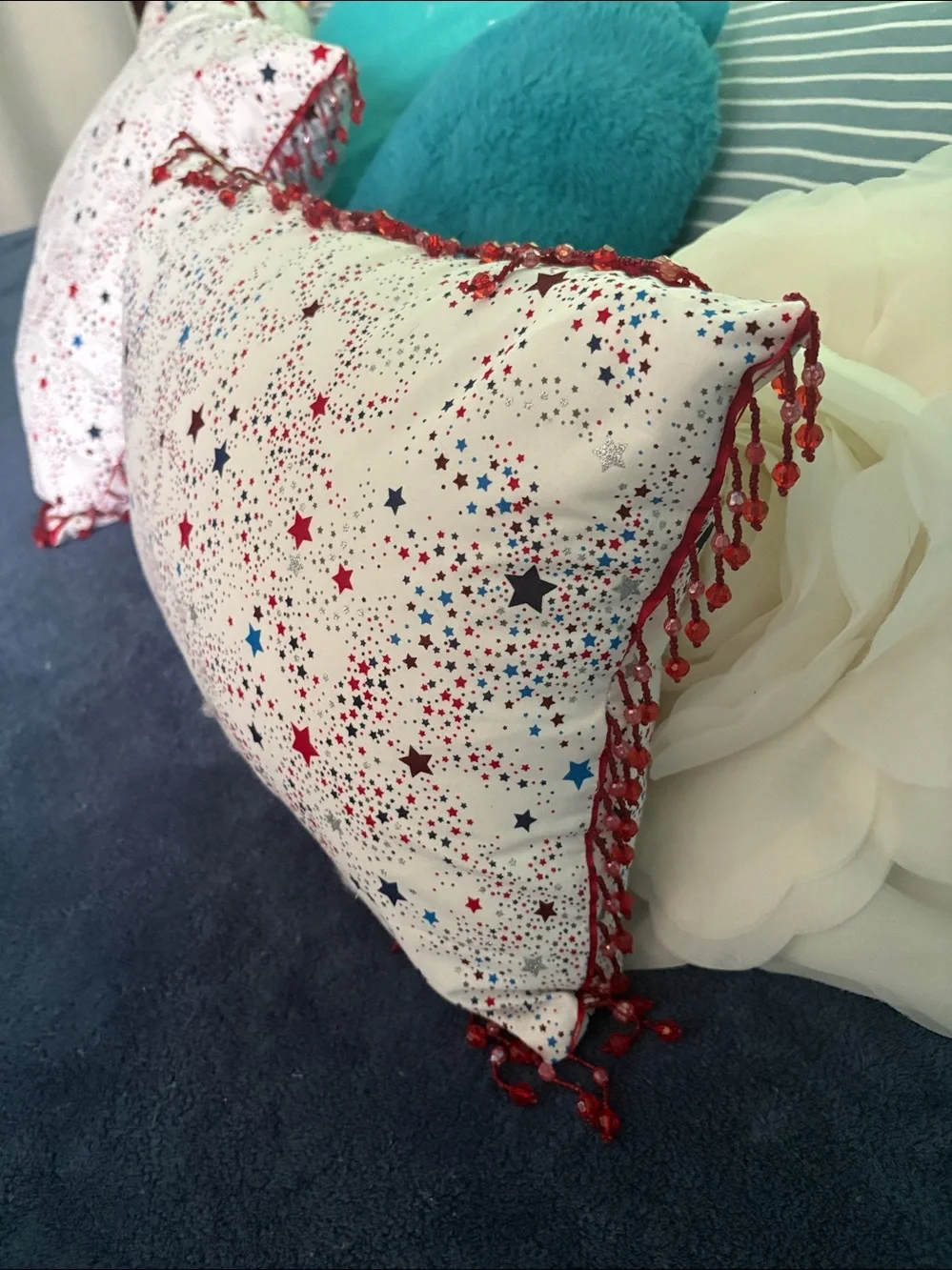 Star Print Decorative Pillow - white background with Red & Blue Stars